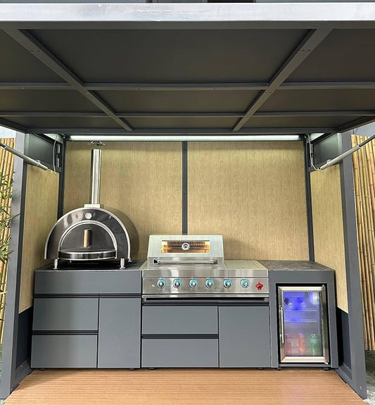 Modular Stainless Steel Outdoor Kitchen, Outdoor Cooking Station with Grill, Oven, Refrigerator, Sink and Bar Counter, Equipped with Automatic Lift Door & LED Lighting for Backyard Patio Garden