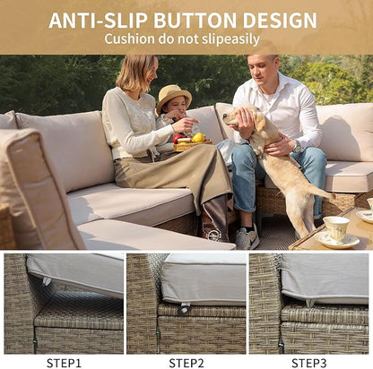 JOYURE 7 Piece Wicker Patio Furniture Set,Outdoor Conversation Sectional Sofa w/Coffee Table,All-Weather Outdoor Sofa with Thick and Anti-Slip Cushions for Deck,Poolside,Garden,Beige
