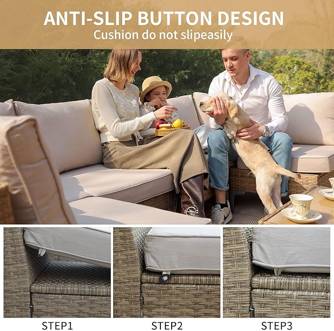 JOYURE 5 Piece Wicker Patio Furniture Set,Outdoor Conversation Sectional Sofa w/Coffee Table,All-Weather Outdoor Sofa with Thick and Anti-Slip Cushions for Deck,Poolside,Garden,Beige