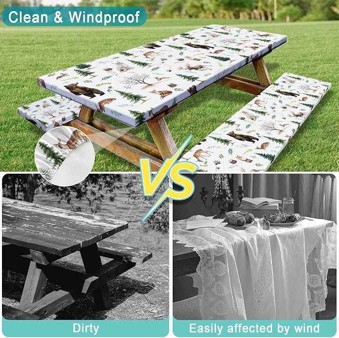 Picnic Table Cover with Bench Covers, Camping Essentials, Funny Rustic Woodland Animals Dear Beer Fox Table Cover Waterproof Fitted Tablecloth Cover with Elastic Edge for Outdoor 3 PCS 30x60 Inch