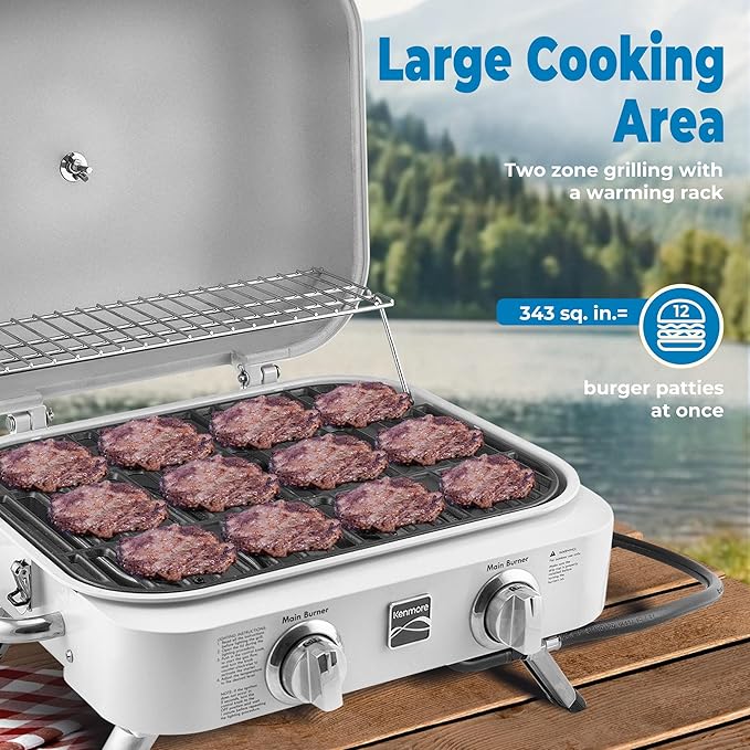 Kenmore Portable Propane Gas Grill - Tabletop BBQ Grill with Warming Rack, 2 Stainless Steel Burners with 14,000 BTUs, for Outdoor Kitchen, Camping, Pearl