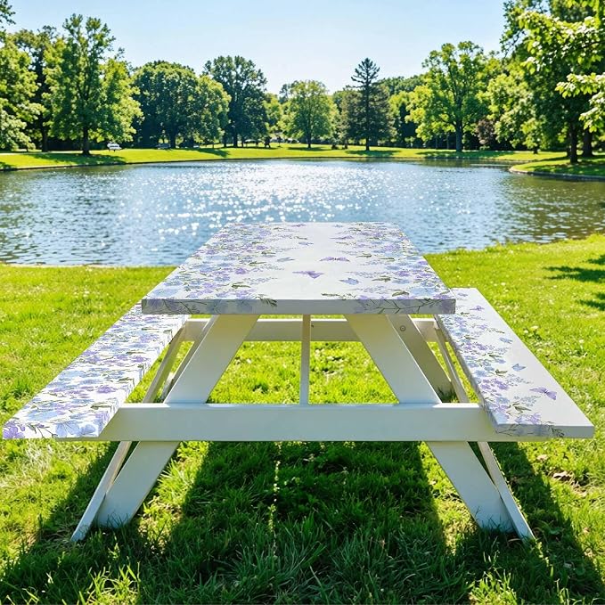 Fitted Picnic Table Cover with Bench Covers Elastic Waterproof Oil-Proof VintageTablecloths for 6 Foot Rectangle Tables Dining Outdoor Patio Camping Essentials