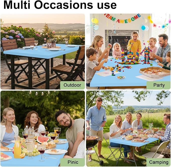 Smiry Rectangle Tablecloth, Elastic Fitted Flannel Backed Vinyl Tablecloths for 8ft Folding Tables, Waterproof Wipeable Table Covers for Indoor, Outdoor, Picnic and Camping (Baby Bule, 30"x96")