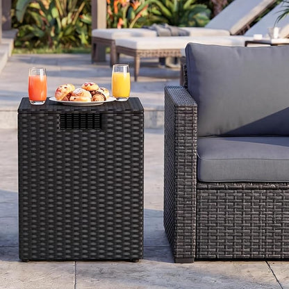 Tangkula Wicker Propane Tank Cover Table, 20 LB Gas Tank Holder Storage Box with Flip Lid & Adjustable Foot Pads, 16" Outdoor Rattan Hideaway Table for Gas Fire Pit, Grill, Griddle & Stove (Black)
