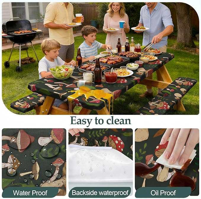 Picnic Table Cover Bench Covers Camping Essentials Tablecloth | Waterproof Vinyl for Outdoor, Windproof Elastic Fitted Edges, RV BBQ Accessories Must Haves, Storage Bag Included