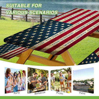 JAWO Vintage American Flag Pledge of Allegiance 3 Piece Picnic Table & Bench Cover Set, Waterproof Elastic Fitted Tablecloth for 4th of July Memorial Day Outdoor BBQ Patio, 30X96in