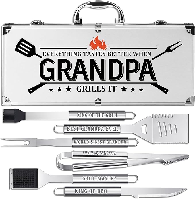 Grandpa Gifts, Fathers Day Grandpa Gifts from Grandkids Heavy Duty Grilling Accessories Kit for Backyard BBQ, Thick Stainless Steel Grill Utensils with Non-Slip Handle Tool on Birthday, Christmas