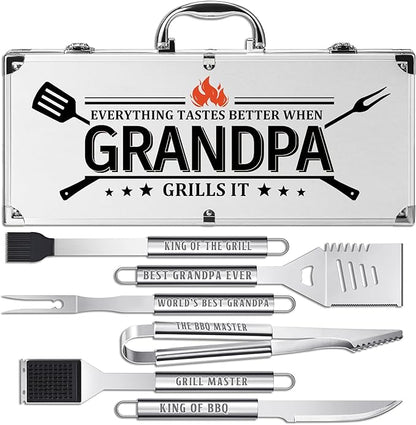 Grandpa Gifts, Fathers Day Grandpa Gifts from Grandkids Heavy Duty Grilling Accessories Kit for Backyard BBQ, Thick Stainless Steel Grill Utensils with Non-Slip Handle Tool on Birthday, Christmas