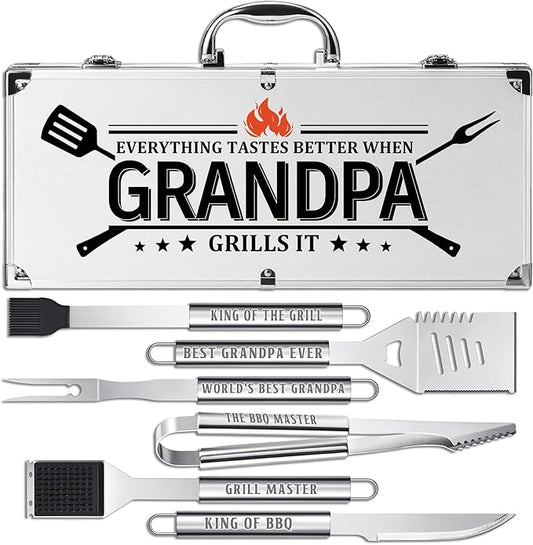 Grandpa Gifts, Fathers Day Grandpa Gifts from Grandkids Heavy Duty Grilling Accessories Kit for Backyard BBQ, Thick Stainless Steel Grill Utensils with Non-Slip Handle Tool on Birthday, Christmas