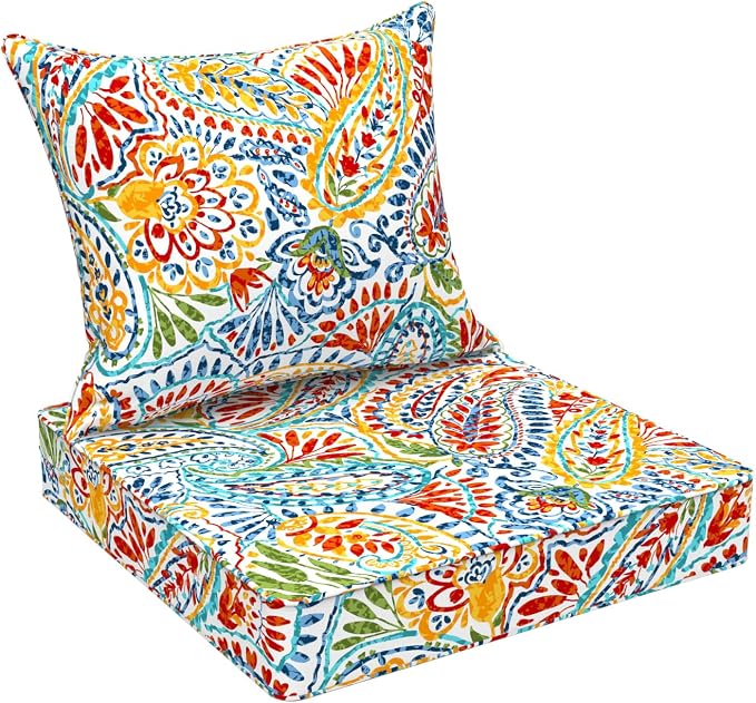 DYTXIII Outdoor Deep Seat Cushion Set, Water Repellent 24"x24" Patio Thick Cushions Replacement with Seat & Back Pillow for Patio Sofa, Wicker Chair, Couch - Paisley Multi