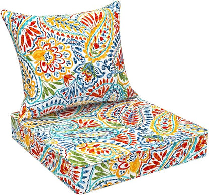 DYTXIII Outdoor Deep Seat Cushion Set, Water Repellent 24"x24" Patio Thick Cushions Replacement with Seat & Back Pillow for Patio Sofa, Wicker Chair, Couch - Paisley Multi