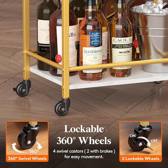 Lifewit Mini 3 Tier Rolling Bar Cart with Lockable Wheels, Gold | Drink serving liquor utility cart for dining living room, compact size 17 x 11.8 x 32.1 inch, mobile wine storage trolley