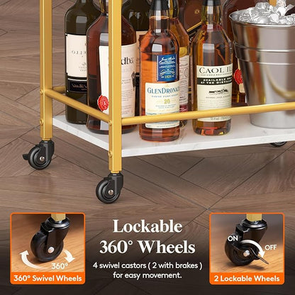 Lifewit Mini 3 Tier Rolling Bar Cart with Lockable Wheels, Gold | Drink serving liquor utility cart for dining living room, compact size 17 x 11.8 x 32.1 inch, mobile wine storage trolley