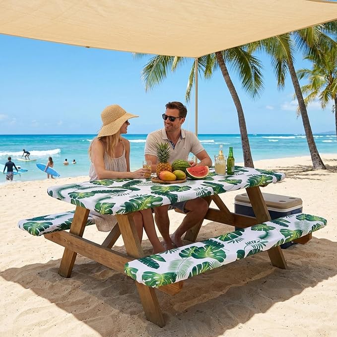 SquarePie Picnic Table Cover with Bench Covers - Waterproof Fitted Elastic Tablecloth for 6 FT Tables - Washable Polyester Camping Table Cloth for Outdoor Patio RV BBQ (Palm Leaf, 30"x72")