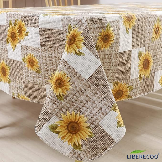 LIBERECOO Vinyl Tablecloth with Flannel Backing, Sunflower 60 x 84 Inch Rectangluar Tablecloths Stain-Resistant Waterproof Plastic Table Cover for Indoor/Outdoor
