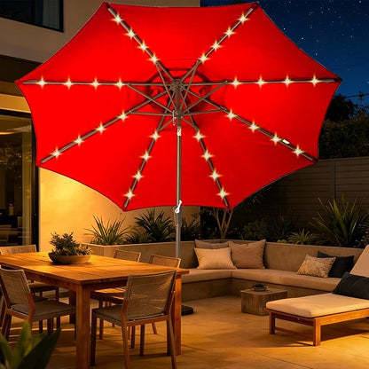 9FT Solar-Powered LED Patio Umbrella with Tilt Crank,Outdoor Market Umbrella with 32 Lights,Sunshade for Deck, Garden and Pool