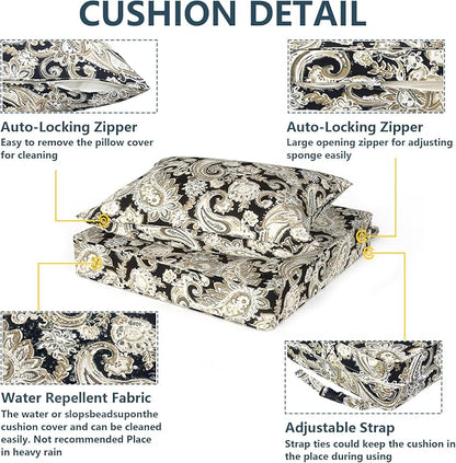 DYTXIII Outdoor Deep Seat Cushion Set, Water Repellent 24"x24" Patio Thick Cushions Replacement with Seat & Back Pillow for Patio Sofa, Wicker Chair, Couch - Paisley Black