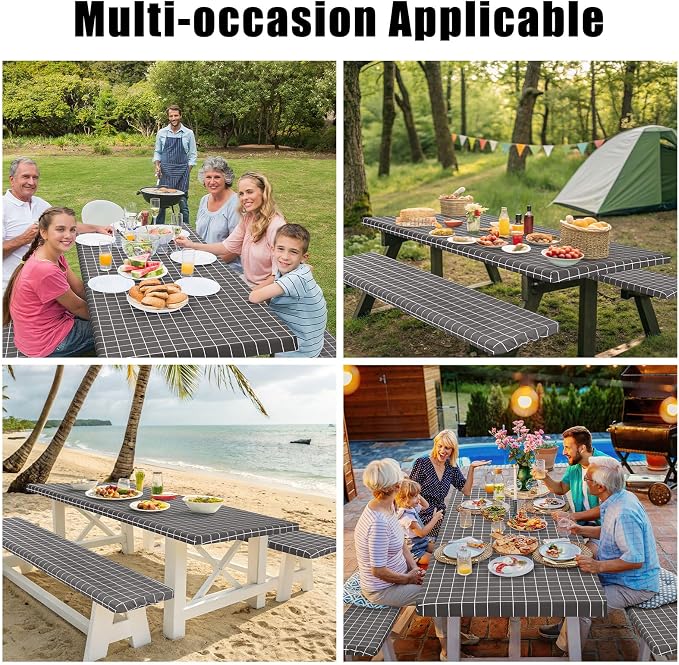 Smiry Picnic Table Cover with Bench Covers, Waterproof Elastic Fitted Tablecloth for 5 Foot Tables, Washable Polyester Tablecloths for Camping, Indoor & Outdoor (Grey & White, 30x60 Inch 3-pc Set)