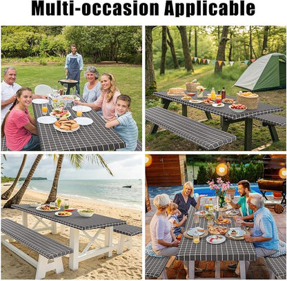 Smiry Picnic Table Cover with Bench Covers, Waterproof Elastic Fitted Tablecloth for 6 Foot Tables, Washable Polyester Tablecloths for Camping, Indoor & Outdoor (Grey & White, 30x72 Inch 3-pc Set)