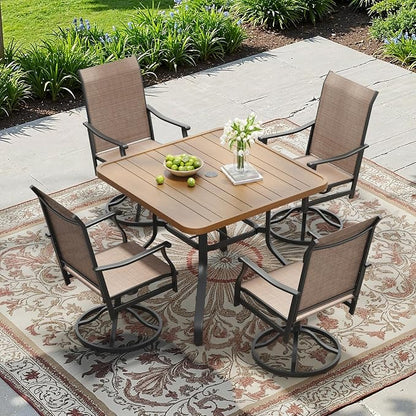 Outdoor Patio Dining Table with 1.57" Umbrella Hole, 35"x35" Wood-Like Texture, All-Weather Metal Frame for Poolside, Deck, Porch