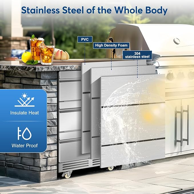 FoMup Stainless Steel 3-Tier Drawer Fridge Undercounter, Outdoor Beverage Refrigerator with Wheels, Waterproof Design and Temperature Control for Home and Commercial Use