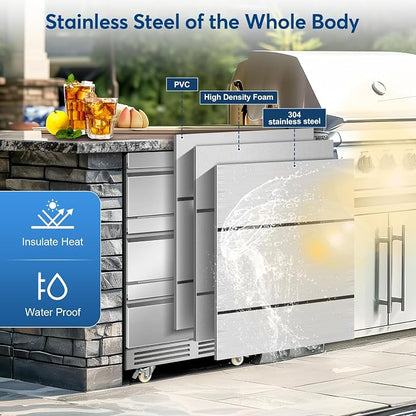 FoMup Stainless Steel 3-Tier Drawer Fridge Undercounter, Outdoor Beverage Refrigerator with Wheels, Waterproof Design and Temperature Control for Home and Commercial Use
