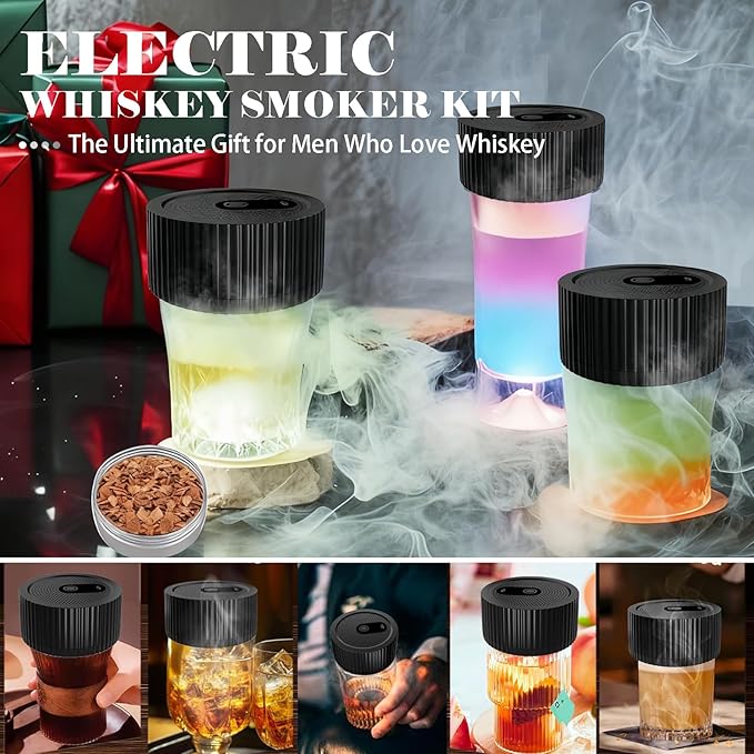 Electric Whiskey Smoker Kit, Bourbon Whiskey Smoker, 8 Flavors Wood Chips, Cocktail Smoker Enhancer with USB Rechargeable & Built-in Lighter, Fashion Drink Smoker Kit Gift for Men Husband Dad
