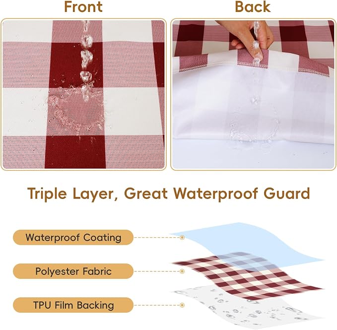 SquarePie Picnic Table Cover with Bench Covers - Waterproof Fitted Elastic Tablecloth for 6 FT Tables - Washable Polyester Camping Table Cloth for Patio RV BBQ (Burgundy Red Checkered,30"x72")