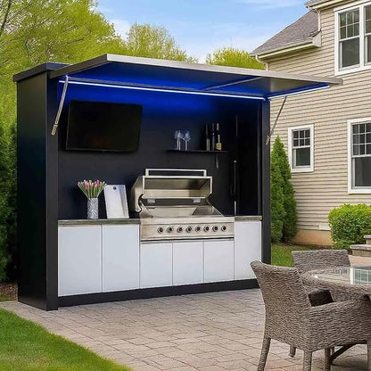 Modern Outdoor Kitchen with Automatic Lift Canopy - Integrated LED System & Smart Storage - Premium Prefab BBQ Island