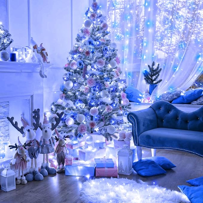 82FT 250 LED Outdoor String Lights, Blue and White Christmas Lights Indoor | Plug in Waterproof 8 Modes Clear Wire String Twinkle Lights for Bedroom Outside Patio Yard Xmas Party Holiday Decorations