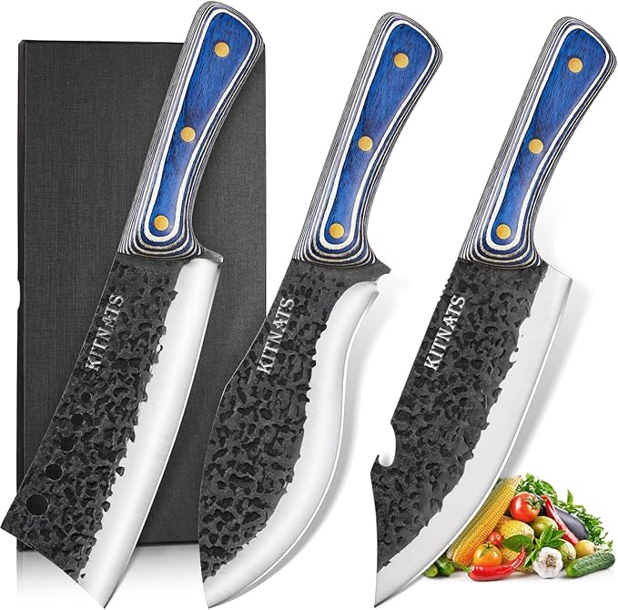 KITNATS 3Pcs Kitchen Knife Set, Hand Forged Butcher Knives Set - Chef Knives & Butcher Knife &Tactical Chopper, Meat Cutting Cleaver for Home Camping BBQ Ideal Gifts