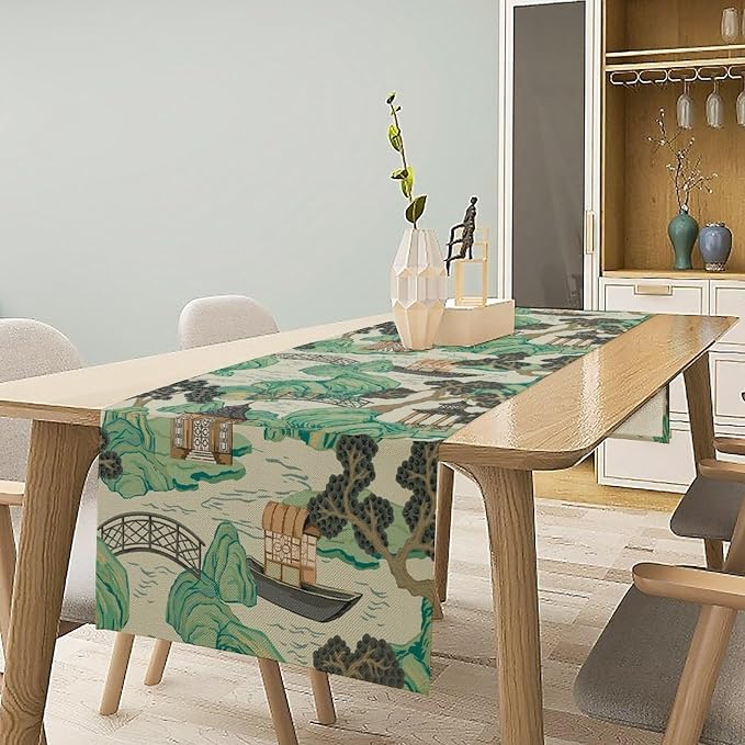 Chinese Landscape Table Runner Oriental Vintage Chinoiserie Grey Blue Mountains Pagoda Boat Pine Trees Dinner Runner for Wedding Party Holiday Kitchen Dining Home Decor 13x120in