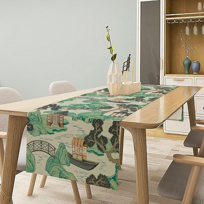 Chinese Landscape Table Runner Oriental Vintage Chinoiserie Grey Blue Mountains Pagoda Boat Pine Trees Dinner Runner for Wedding Party Holiday Kitchen Dining Home Decor 13x120in
