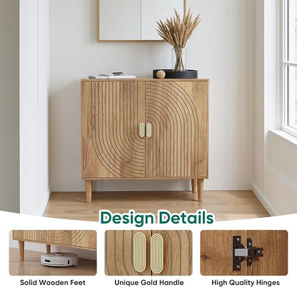 Smuxee Oak Sideboard Cabinet, Freestanding Buffet Cabinet with Line Groove Design, Wood Storage Cabinet with Adjustable Shelf for Living Room, Entryway, Hallway