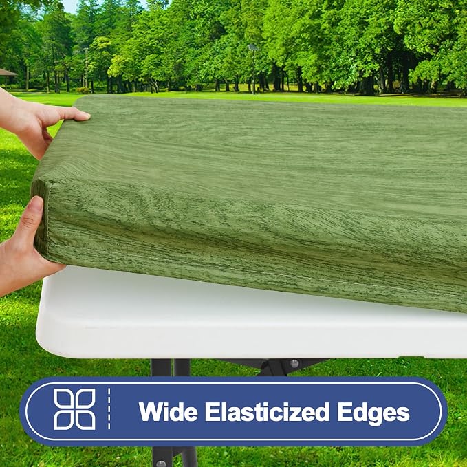 Smiry Picnic Table Cover with Bench Covers, Waterproof Elastic Fitted Tablecloth for 6 Foot Tables, Washable Polyester Tablecloths for Camping, Indoor & Outdoor (Green & Black, 30x72 Inch 3-pc Set)