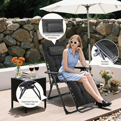 DUMOS Zero Gravity Chairs Set of 2, Lounge Chair Outdoor with Cup Holder | Folding Reclining, Removable Cushion Trays, Beach Camping Patio, Indoor Outside, Black