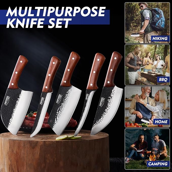 Topfeel Butcher Knife Set 5PCS, Hand Forged Kitchen Knives Set Serbian Chef Knife Set, Meat Cleaver Boning Carving Knives Set for Home、Camping、BBQ
