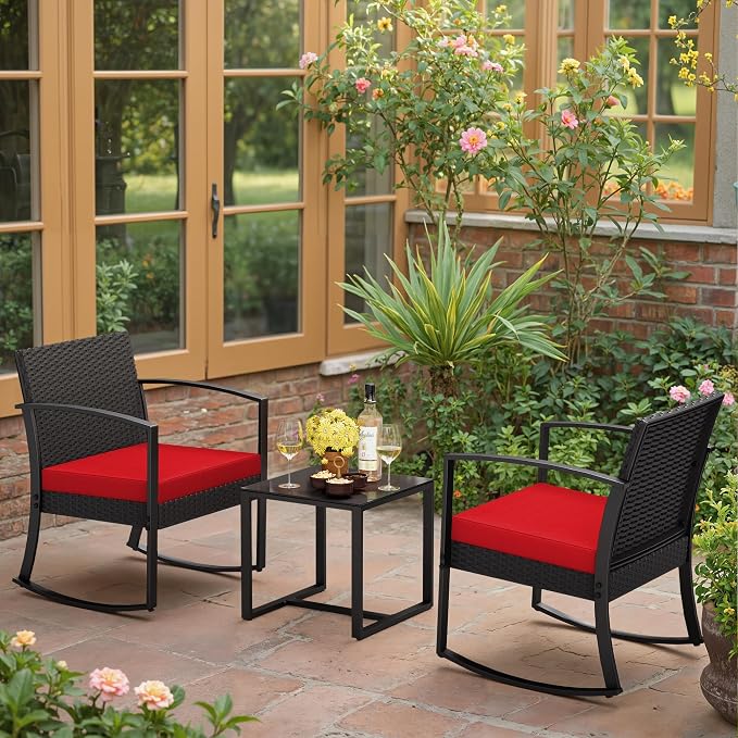 Greesum 3 Piece Patio Furniture Set, All-Weather Imitation Rattan Conversation Set, Outdoor Rocking Chair Bistro Set with Glass Top Coffee Table for Pool, Deck, Porch, Garden or Balcony, Red