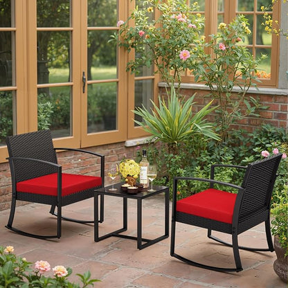 Greesum 3 Piece Patio Furniture Set, All-Weather Imitation Rattan Conversation Set, Outdoor Rocking Chair Bistro Set with Glass Top Coffee Table for Pool, Deck, Porch, Garden or Balcony, Red