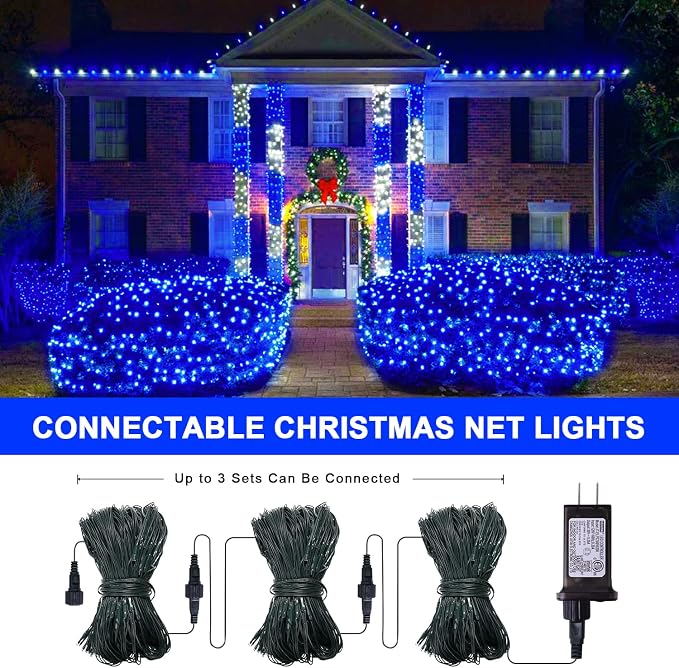 JMEXSUSS 360 LED Christmas Net Lights, Blue, 12ft x 5ft | Outdoor Waterproof, Connectable, Plug in, Mesh Lights with Remote for Bushes Shrubs Christmas Decorations