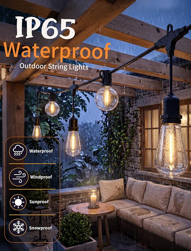 30FT 19-Light T Shape Outdoor String Lights, ST38 G40 Patio Lights | 19 Shatterproof LED Bulbs, 2700K Warm White, UL-Listed, Dimmable, IP65, Plug In, Commercial Grade Patio Pergola Cafe Backyard