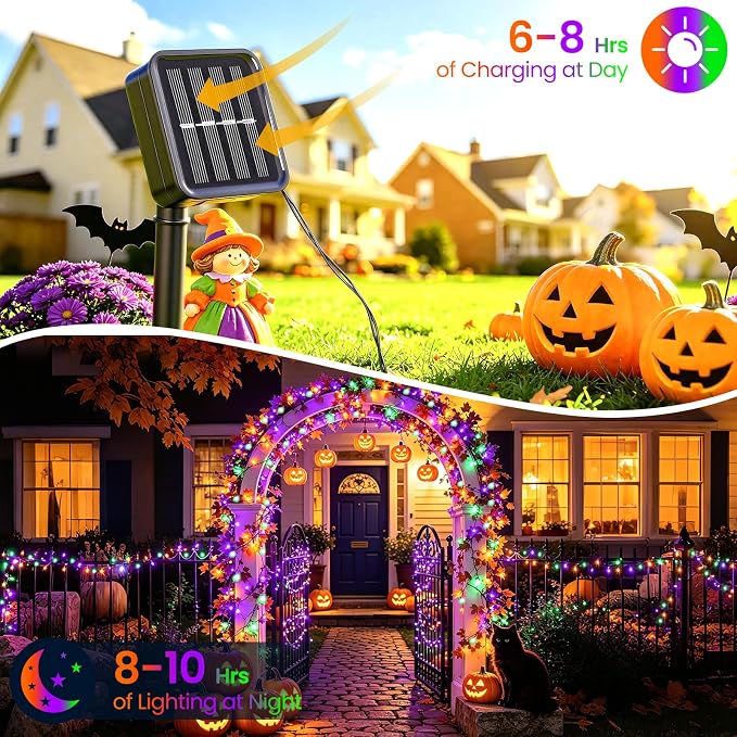 Halloween Lights Outdoor Solar String Lights Waterproof for Halloween Decorations, Total 100LED 45FT for Garden Yard Pathway Fence, Orange Purple Green 8 Modes 50LED x 2 Packs