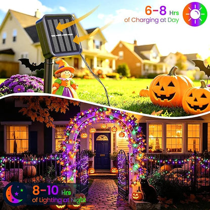 Halloween Lights Outdoor Solar String Lights Waterproof for Halloween Decorations, Total 100LED 45FT for Garden Yard Pathway Fence, Orange Purple Green 8 Modes 50LED x 2 Packs