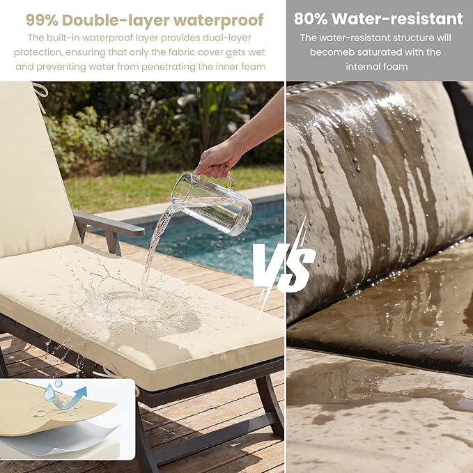 Chaise Lounge Cushions Outdoor, 80 x 26 Inch Water & Fade-Resistant Patio Furniture Lounge Cushion, Beach Umbrella Lounger Chair Replacement Cushion with Removable Cover Pad, Beige