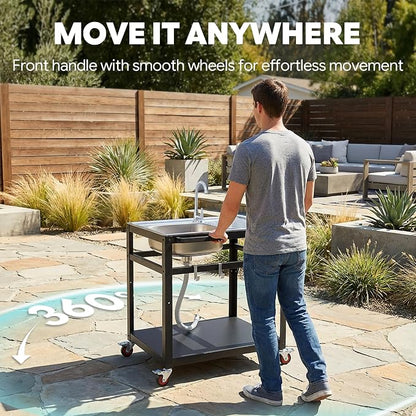 FEASTO 35-Inch Outdoor Grill Cart with Stainless Steel Sink, Rolling BBQ Prep Table with Faucet, Storage Shelves and Lockable Wheels for Patio, Backyard and Outdoor Cooking, Silver & Black | Rolling BBQ Prep Table with Faucet, Storage Shelves and Locka...