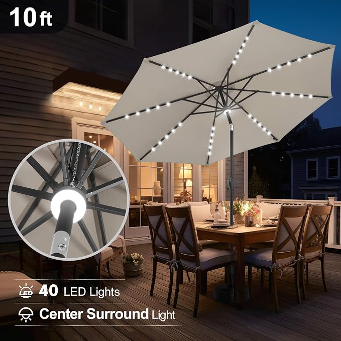 FLAME&SHADE Solar Patio Umbrella with Centre Light, 10 FT Taupe | UV Protection, Small Solar Outdoor Umbrella for Porch, Deck, Backyard, Garden, Provides Evening Lighting, 40 LED Lights