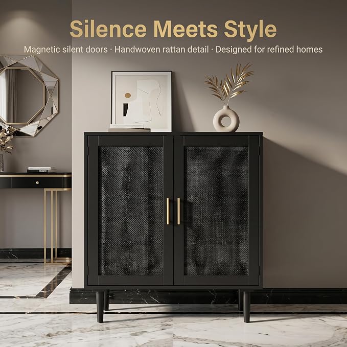Finnhomy Sideboard Buffet Kitchen Storage Cabinet with Black Painted Rattan Decorated Doors, Dining Room, Hallway, Cupboard Console Table, Liquor/Accent Cabinet, 31.5X 15.8X 34.6 Inches, Black