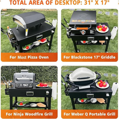 Foldable Grill Cart for Blackstone 17/22, Ninja Woodfire OG700, Ooni Pizza Oven – Portable Grill Table with Wheels, Dual-Shelf BBQ Prep Station with Caddy & Hooks, Compact Camping Griddle Stand