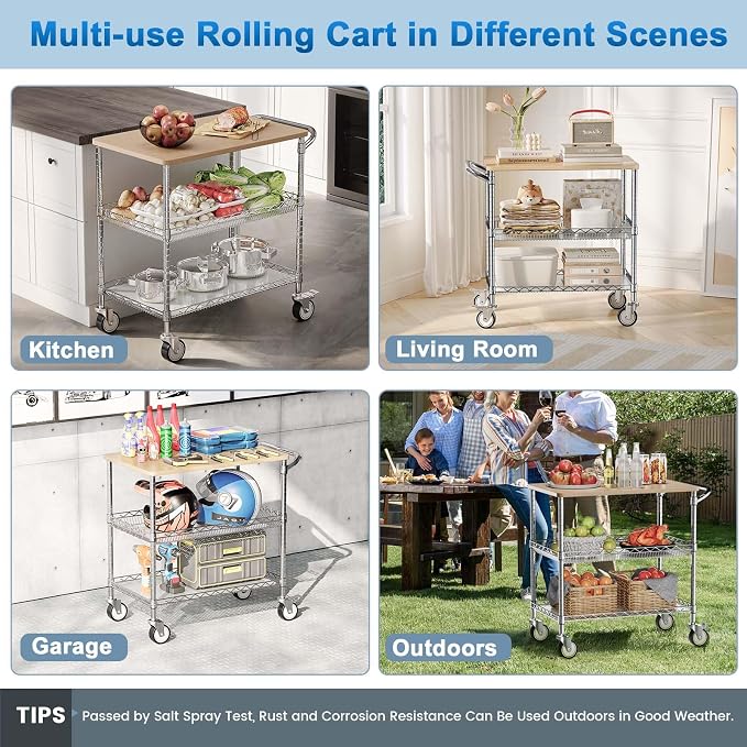 Rolling Kitchen Carts with Wheels, 3-Tier Utility Cart with Wood Tabletop | NSF Commercial Metal Serving Cart with Handle and Shelf Liner for Kitchen Snacks, 34"D x 17.5"W x 32.5"H,Chrome