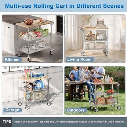 Rolling Kitchen Carts with Wheels, 3-Tier Utility Cart with Wood Tabletop | NSF Commercial Metal Serving Cart with Handle and Shelf Liner for Kitchen Snacks, 34"D x 17.5"W x 32.5"H,Chrome